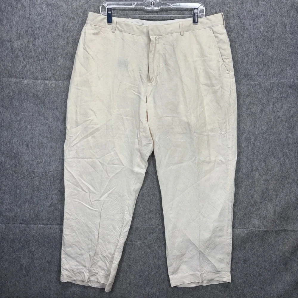 Vintage Polo Ralph Lauren Silk Linen Pants Mens 36x27.5 Light Tan Trouser Preppy